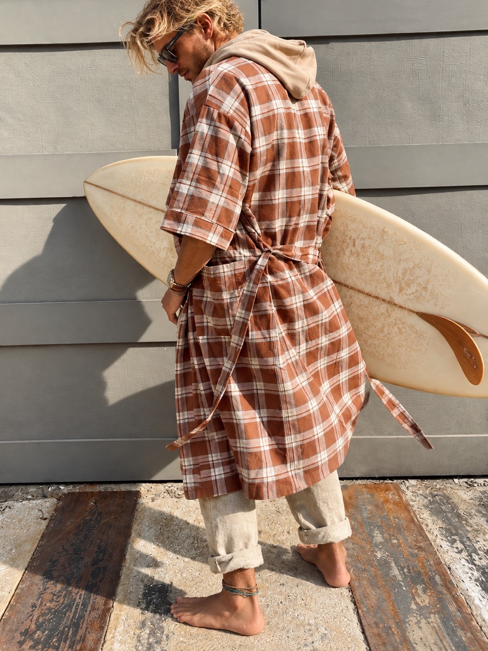 MNML Brown and Cream Plaid 100% Flannel Cotton Short Sleeve Lounge/Robe